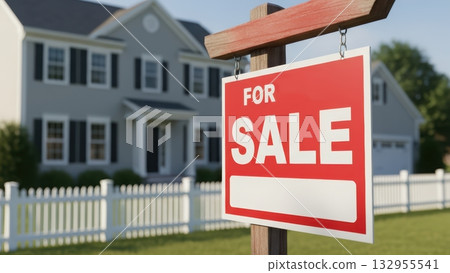 For Sale Sign on a Lawn in Front of a Modern House with Traditional Design. Real Estate Property, Mortgage, Housing Market and Home Ownership Concept. For Sale Sign on a Lawn in Front of a Modern House with Traditional Design. Real Estate Property, Mortgage, Housing Market and Home Ownership Concept. 132955541