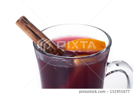 Mulled Wine with Orange and Cinnamon Sticks and Christmas decoration Mulled Wine with Orange and Cinnamon Sticks and Christmas decoration 132955877