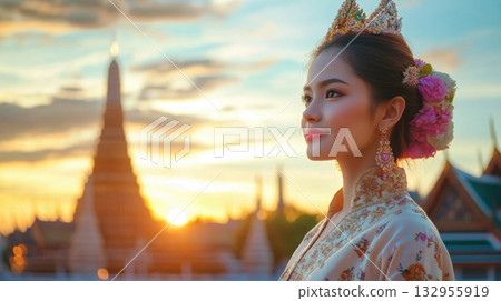 beautiful thai woman in traditional dress at sunset 132955919