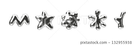Abstract 3D chrome shapes with grain texture and metallic gradient. Silver vector symbols like wave, star, and flower forms. Glossy Y2K design with futuristic sparkle and smooth geometric reflections 132955938