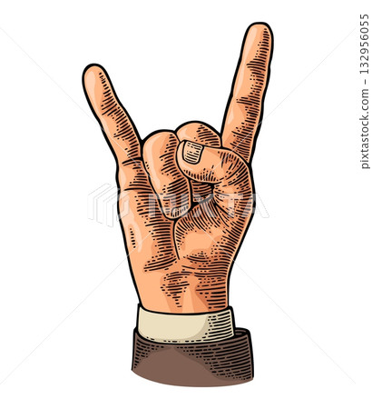 Rock and Roll hand sign. Vector vintage engraving illustration. Rock and Roll hand sign. Vector vintage engraving illustration. 132956055
