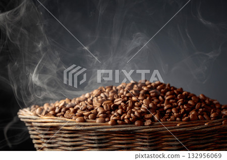 Fresh roasted coffee beans in old basket. Fresh roasted coffee beans in old basket. 132956069