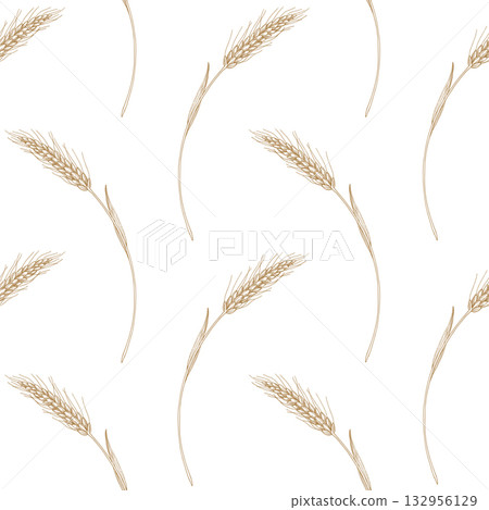 Seamless pattern of two rows of wheat on a light beige background. For packaging design, cards, cover, prints, product labels and fabric. 132956129
