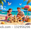 Family on beach vacation A happy family building a sandcastle on a sunny tropical beach, surrounded by palm trees, blue sky, and seagulls, representing joy and togetherness. 132956206