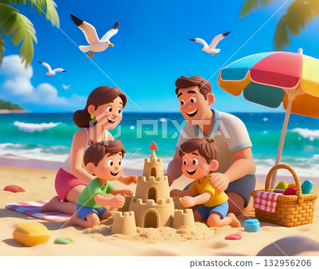 Family on beach vacation A happy family building a sandcastle on a sunny tropical beach, surrounded by palm trees, blue sky, and seagulls, representing joy and togetherness. 132956206