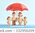 Family protection concept Wooden toy family figures standing under a red umbrella on a blue background, representing safety, security, and family care insurance concept. 132956209