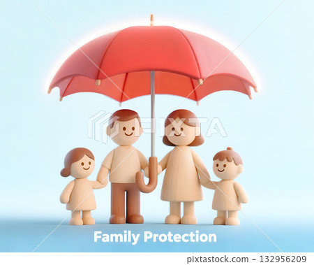 Family protection concept Wooden toy family figures standing under a red umbrella on a blue background, representing safety, security, and family care insurance concept. 132956209