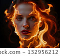 Woman with fiery hair A powerful portrait of a woman with flames surrounding her face, representing strength, energy, passion, and the element of fire. 132956212