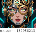 Woman portrait A futuristic woman with mechanical gears and metallic headgear, blending human beauty and steampunk technology in a sci-fi cyberpunk style. 132956213
