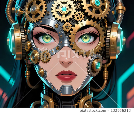 Woman portrait A futuristic woman with mechanical gears and metallic headgear, blending human beauty and steampunk technology in a sci-fi cyberpunk style. 132956213