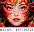 Fiery chili pepper woman A surreal portrait of a woman with red chili peppers and flame designs on her face, symbolizing heat, passion, and fiery strength. 132956214
