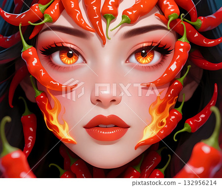Fiery chili pepper woman A surreal portrait of a woman with red chili peppers and flame designs on her face, symbolizing heat, passion, and fiery strength. 132956214