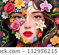 Floral woman fantasy portrait A dreamy artistic portrait of a woman with flowers and vines covering her face, representing beauty, nature, and spring transformation. 132956215