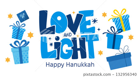Love and Light Hanukkah Greeting Card with Gift Boxes and Festive Typography. Perfect for greeting cards, posters, banners, invitations, social media related to Jewish holidays and traditions. 132956340