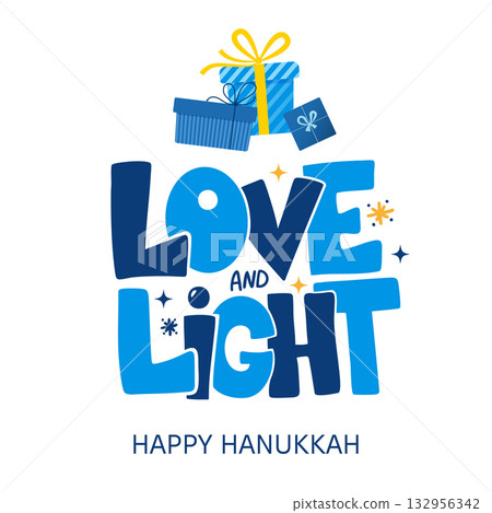 Love and Light Hanukkah Greeting Card with Gift Boxes and Festive Typography. Perfect for greeting cards, posters, banners, invitations, social media related to Jewish holidays and traditions. 132956342