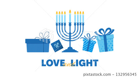 Love and Light Hanukkah Greeting Card with Gift Boxes and Festive Typography. Perfect for greeting cards, posters, banners, invitations, social media related to Jewish holidays and traditions. 132956345