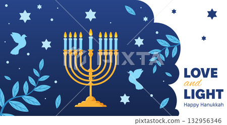 Minimalist Happy Hanukkah Greeting Card Illustration with Menorah, and Doves Festive Jewish Holiday Symbols Minimalist Happy Hanukkah Greeting Card Illustration with Menorah, and Doves Festive Jewish Holiday Symbols 132956346