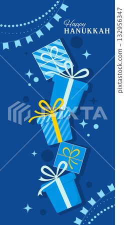 Happy Hanukkah Greeting Card with Gift Boxes and Festive Typography. Perfect for greeting cards, posters, banners, invitations, social media related to Jewish holidays and traditions. 132956347