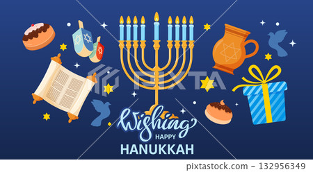 Happy Hanukkah, Traditional Jewish Winter holiday banner with festive symbols, donuts, oil jar, Menorah, Torah scroll, and gifts. Good for greeting cards, posters, and seasonal marketing materials. Happy Hanukkah, Traditional Jewish Winter holiday banner with festive symbols, donuts, oil jar, Menorah, Torah scroll, and gifts. Good for greeting cards, posters, and seasonal marketing materials. 132956349