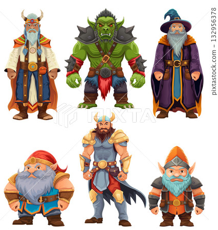 ancient fantasy characters for computer games: sorcerer, witcher, dwarf, elf, goblin, shaman, warrior cartoon stock vector illustration 132956378