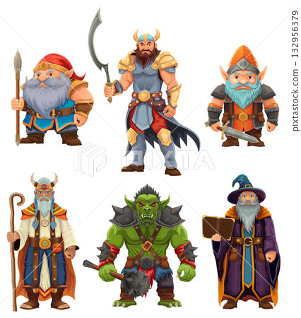 ancient fantasy characters for computer games: sorcerer, witcher, dwarf, elf, goblin, shaman, warrior cartoon stock vector illustration 132956379