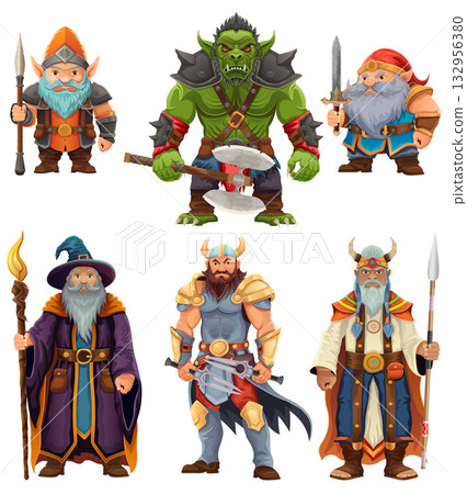 ancient fantasy characters for computer games: sorcerer, witcher, dwarf, elf, goblin, shaman, warrior cartoon stock vector illustration 132956380