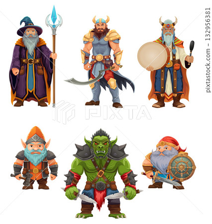 ancient fantasy characters for computer games: sorcerer, witcher, dwarf, elf, goblin, shaman, warrior cartoon stock vector illustration 132956381