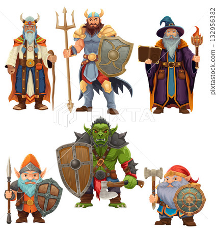ancient fantasy characters for computer games: sorcerer, witcher, dwarf, elf, goblin, shaman, warrior cartoon stock vector illustration 132956382
