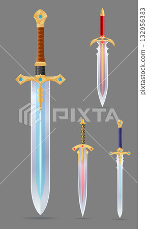 detailed vector illustration showing a variety of fantasy and ancient weapons and shields the image features swords, axes, hammers, spears, and torches detailed vector illustration showing a variety of fantasy and ancient weapons and shields the image features swords, axes, hammers, spears, and torches 132956383
