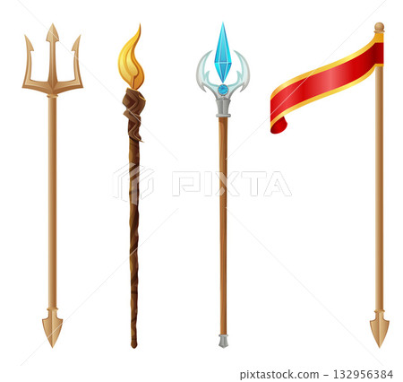 detailed vector illustration showing a variety of fantasy and ancient weapons and shields the image features swords, axes, hammers, spears, and torches 132956384
