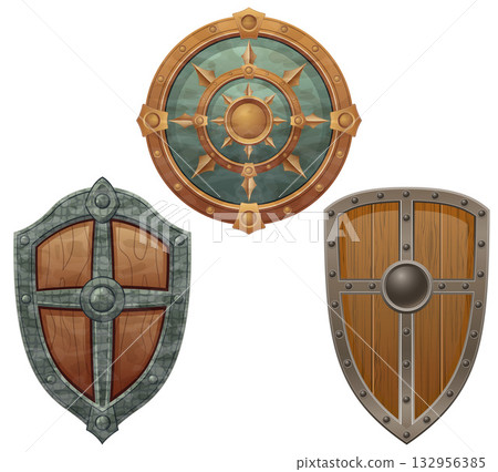 detailed vector illustration showing a variety of fantasy and ancient weapons and shields the image features swords, axes, hammers, spears, and torches 132956385