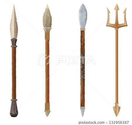 detailed vector illustration showing a variety of fantasy and ancient weapons and shields the image features swords, axes, hammers, spears, and torches 132956387