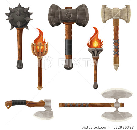 detailed vector illustration showing a variety of fantasy and ancient weapons and shields the image features swords, axes, hammers, spears, and torches detailed vector illustration showing a variety of fantasy and ancient weapons and shields the image features swords, axes, hammers, spears, and torches 132956388