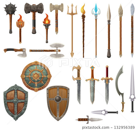 detailed vector illustration showing a variety of fantasy and ancient weapons and shields the image features swords, axes, hammers, spears, and torches 132956389