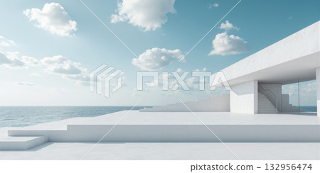 Empty Landscape White Structure Sea View Horizon Minimalist Architecture Abstract Building Platform Clean Serene Calm Sky Wide panoramic view featuring Empty Landscape White Structure Sea View Horizon Minimalist Architecture Abstract Building Platform Clean Serene Calm Sky Wide panoramic view featuring 132956474