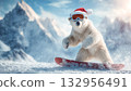 A funny polar bear snowboarder wearing a Santa hat and ski mask. The white bear is snowboarding at a winter resort. Concept of extrime sports, vacation, leisure 132956491