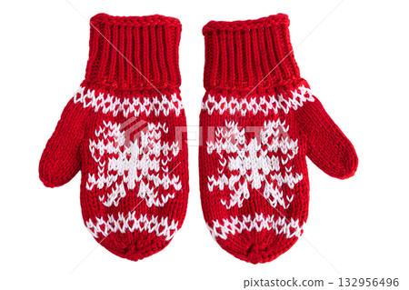 Cozy red knitted mittens with white snowflake pattern, isolated on transparent background. Concept for winter, christmas, cold weather fashion Cozy red knitted mittens with white snowflake pattern, isolated on transparent background. Concept for winter, christmas, cold weather fashion 132956496