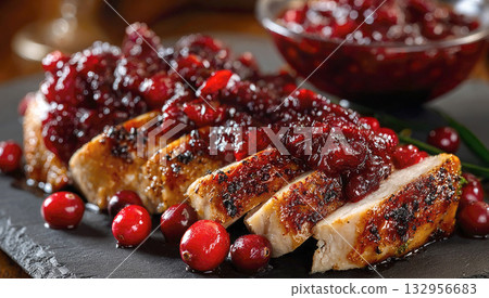 Sliced roast turkey with cranberry sauce and berries on a black slate board, a seasonal traditional dish for Thanksgiving and Christmas 132956683