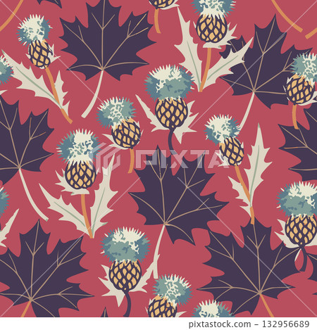 Bold purple leaves and vivid thistle flowers on a reddish pink background. Perfect for textiles, wallpaper, and decor. 132956689