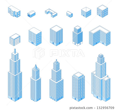 Isometric line houses. Apartment buildings, home, social and public architecture elements. 3d outline district, isolated building design, nifty vector set Isometric line houses. Apartment buildings, home, social and public architecture elements. 3d outline district, isolated building design, nifty vector set 132956709