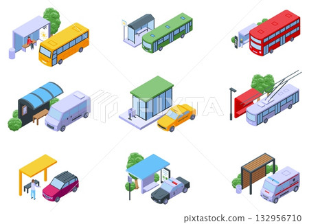 Isometric public transport stations. People waiting transports, empty waiting station. Urban architecture elements, wait bus trolley taxi, nifty vector set 132956710
