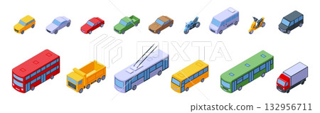 Isometric public transport. Car truck bus motorbikes, social and personal 3d vehicle icons. Delivery and urban logistic, city transportation, nifty vector set Isometric public transport. Car truck bus motorbikes, social and personal 3d vehicle icons. Delivery and urban logistic, city transportation, nifty vector set 132956711