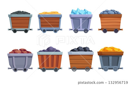 Mine carts. Isolated cart with gems, golden bars, coal and stones. Various dwarf treasures, coal and precious metal mining. Industrial sapid vector set Mine carts. Isolated cart with gems, golden bars, coal and stones. Various dwarf treasures, coal and precious metal mining. Industrial sapid vector set 132956719