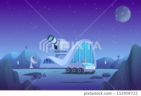 Space station on planet in universe. Cosmic futuristic city, astronomical scientific research. Observatory with telescope, planet rover, sapid vector scene Space station on planet in universe. Cosmic futuristic city, astronomical scientific research. Observatory with telescope, planet rover, sapid vector scene 132956722