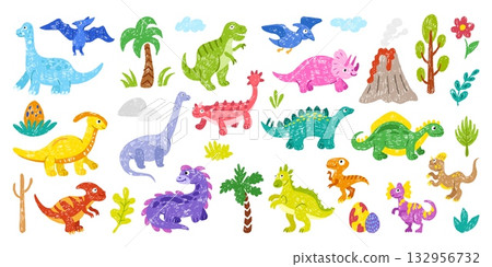 Hand drawn dino. Dinosaur, cartoon dinos children drawing style. Doodle monster characters, colored pencil volcano, palm tree, eggs, neoteric vector set Hand drawn dino. Dinosaur, cartoon dinos children drawing style. Doodle monster characters, colored pencil volcano, palm tree, eggs, neoteric vector set 132956732