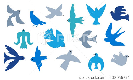 Simple birds silhouettes. Modern art style flying bird, dove and swallow. Minimalistic style pigeon, decorative scandinavian folk nowaday vector set Simple birds silhouettes. Modern art style flying bird, dove and swallow. Minimalistic style pigeon, decorative scandinavian folk nowaday vector set 132956735