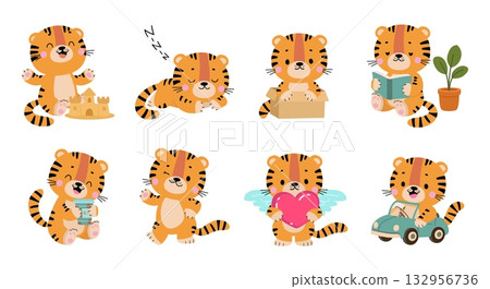 Funny tigers. Cartoon tiger various poses and emotions. Wild animal sleep, riding auto, reading book, doing sand castle. Isolated nowaday vector children characters Funny tigers. Cartoon tiger various poses and emotions. Wild animal sleep, riding auto, reading book, doing sand castle. Isolated nowaday vector children characters 132956736