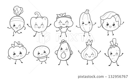 Cute vegetables characters set outline Cute vegetables characters set outline 132956767