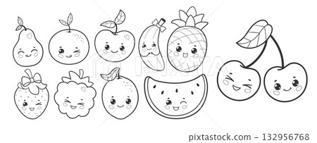 Cute fruits characters line art set 132956768