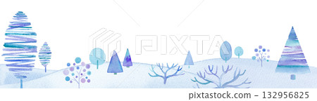 一幅描繪寒冷冬日雪景和樹木的水彩插畫。簡約的插畫設計。冬季圖片橫幅背景。 132956825